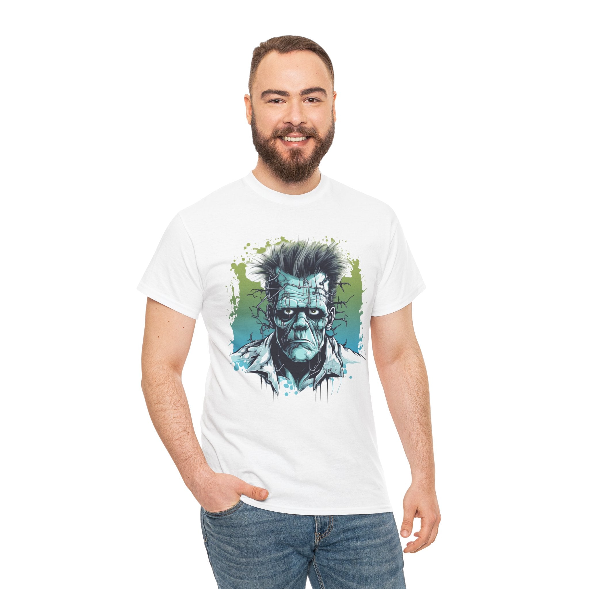 Frankenstein Graphic Tee, Unisex Heavy Cotton Shirt, Halloween Costume, Horror Fan Gift, Retro Style T-Shirt, Spooky Apparel