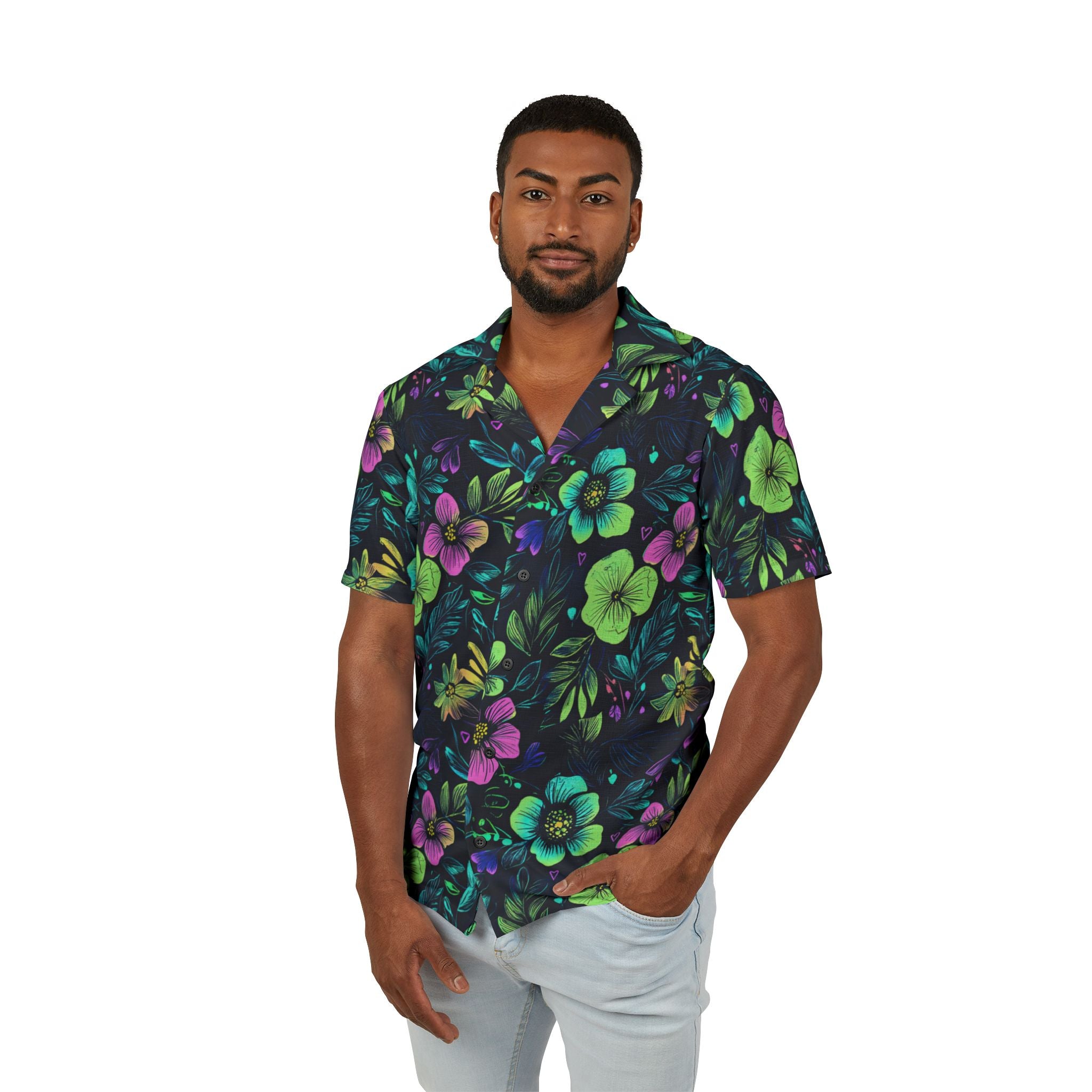 Vibrant Hawaiian Camp Shirt for Men | Tropical Floral AOP Design, Summer Vacation Wear, Beach Party Style, Casual Outdoor Shirt, Luau Outfit