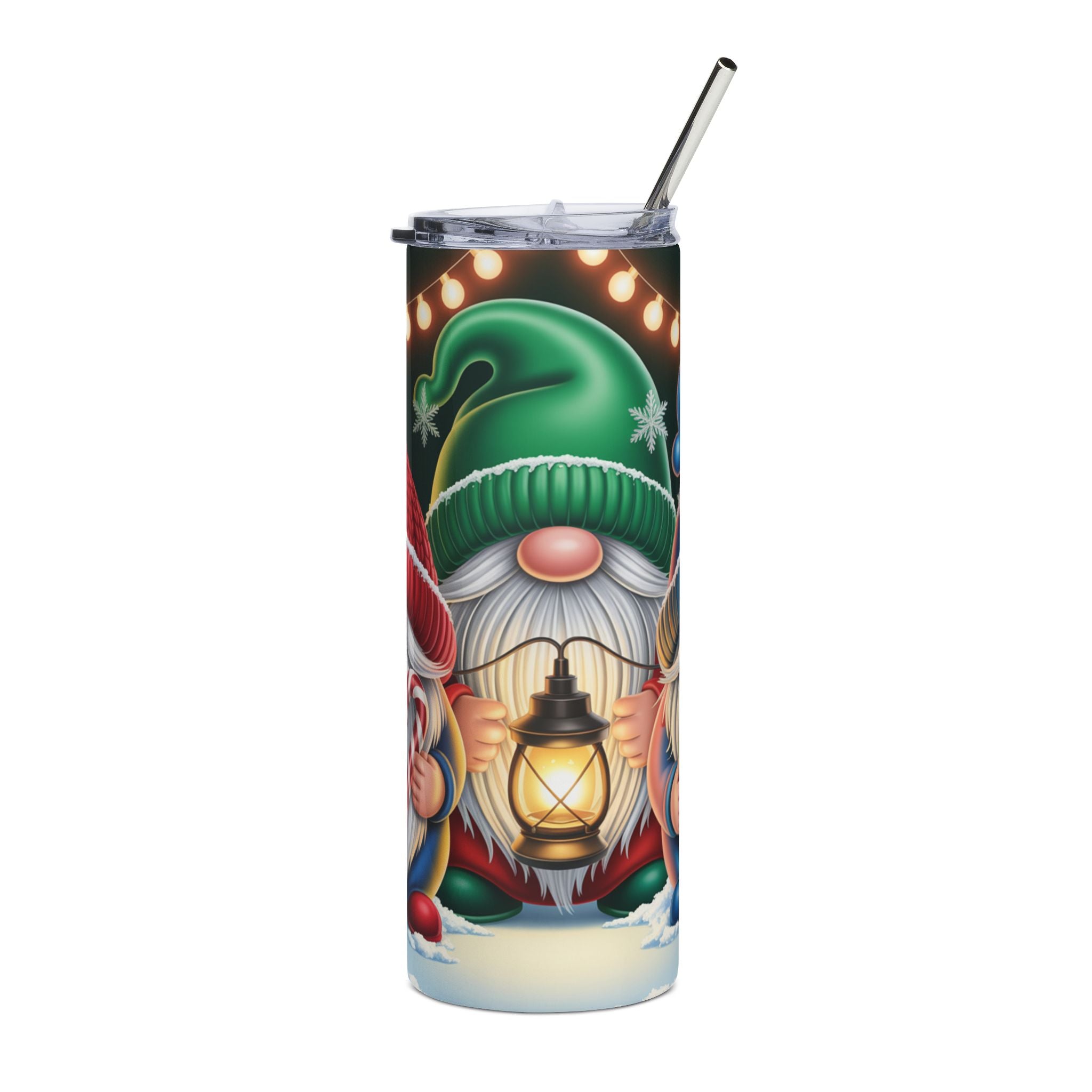 20oz Stainless Tumbler — Christmas Gnome Holiday Travel Cup (Lantern & Candy Cane Design)