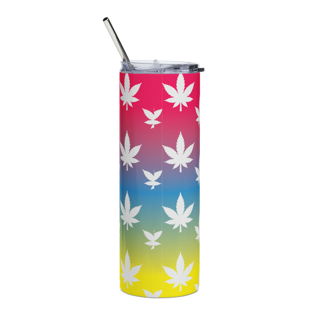 20oz Stainless Tumbler — Rainbow Gradient with White Cannabis Leaf Pattern