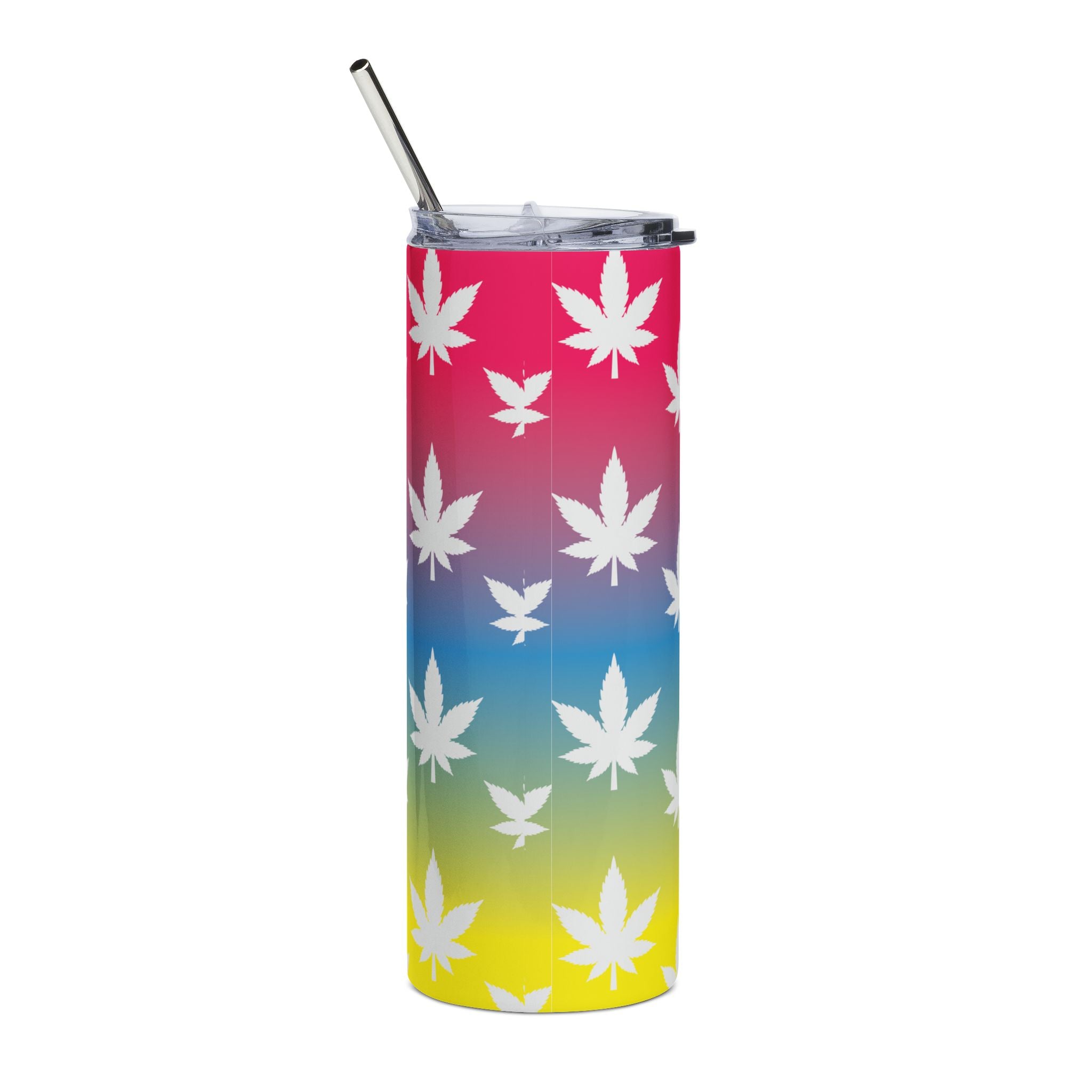 20oz Stainless Tumbler — Rainbow Gradient with White Cannabis Leaf Pattern