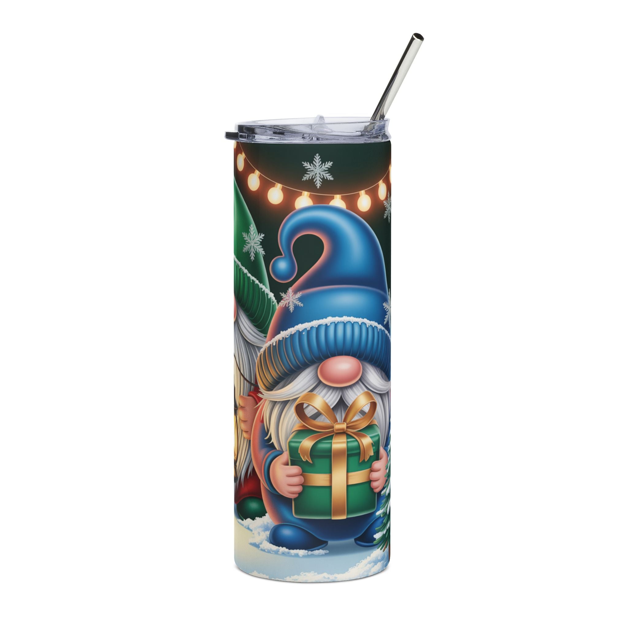 20oz Stainless Tumbler — Christmas Gnome Holiday Travel Cup (Lantern & Candy Cane Design)