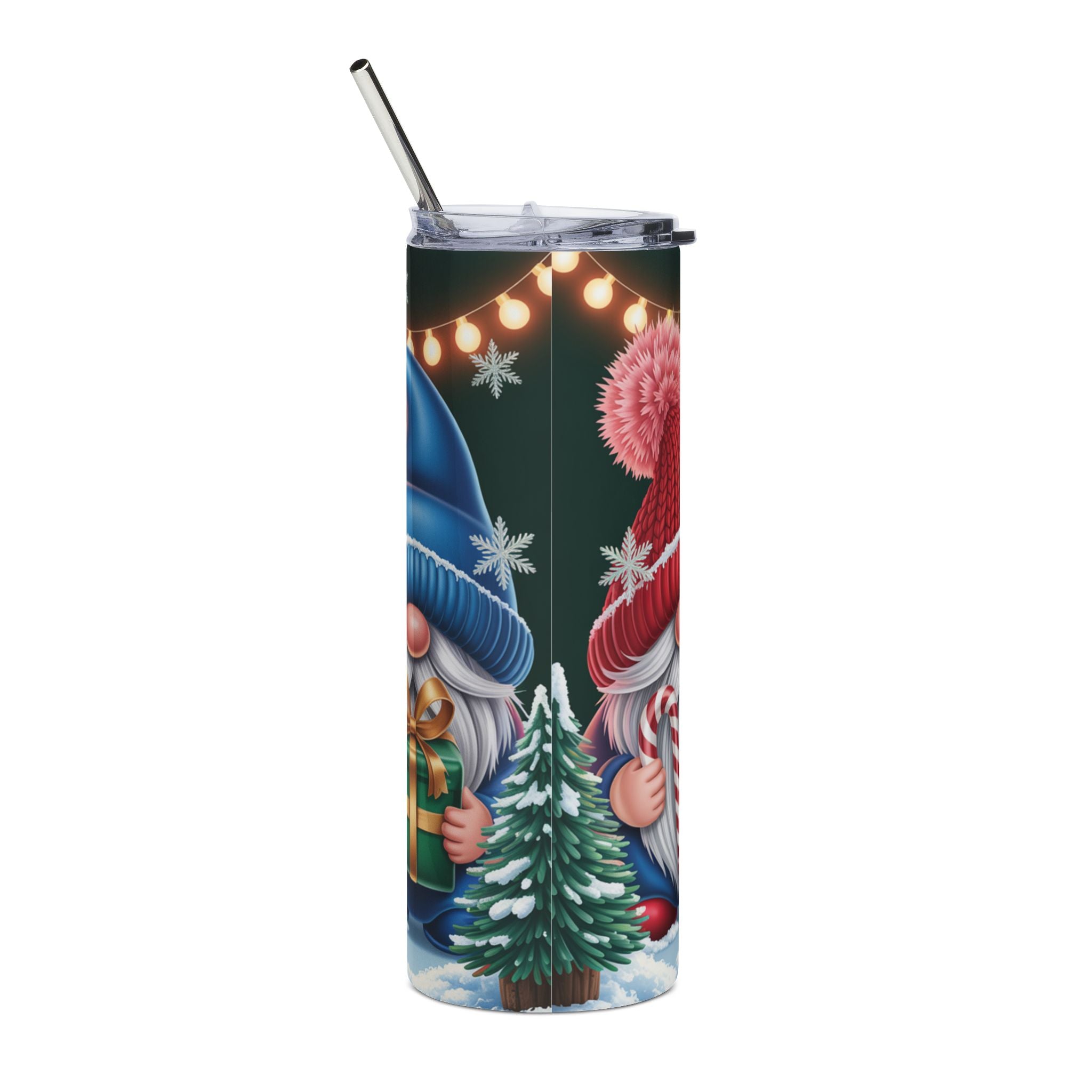 20oz Stainless Tumbler — Christmas Gnome Holiday Travel Cup (Lantern & Candy Cane Design)