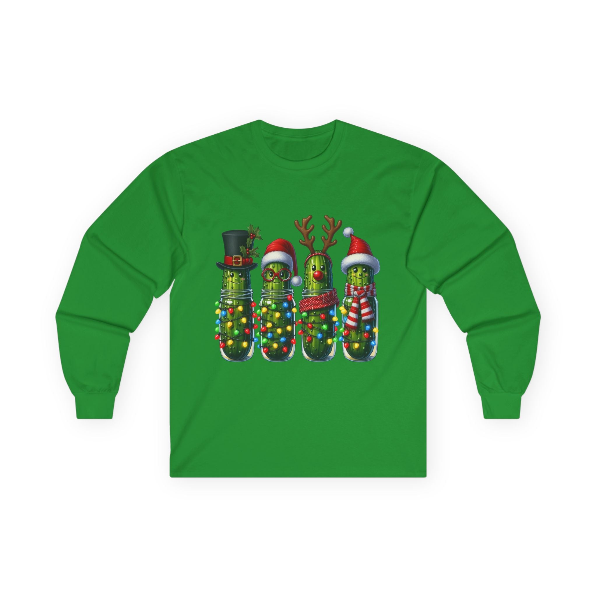 Festive Pickle Long Sleeve Tee - Funny Holiday Shirt, Christmas Gift, Unisex Cotton Tee, Holiday Party Wear, Quirky Winter Fashion