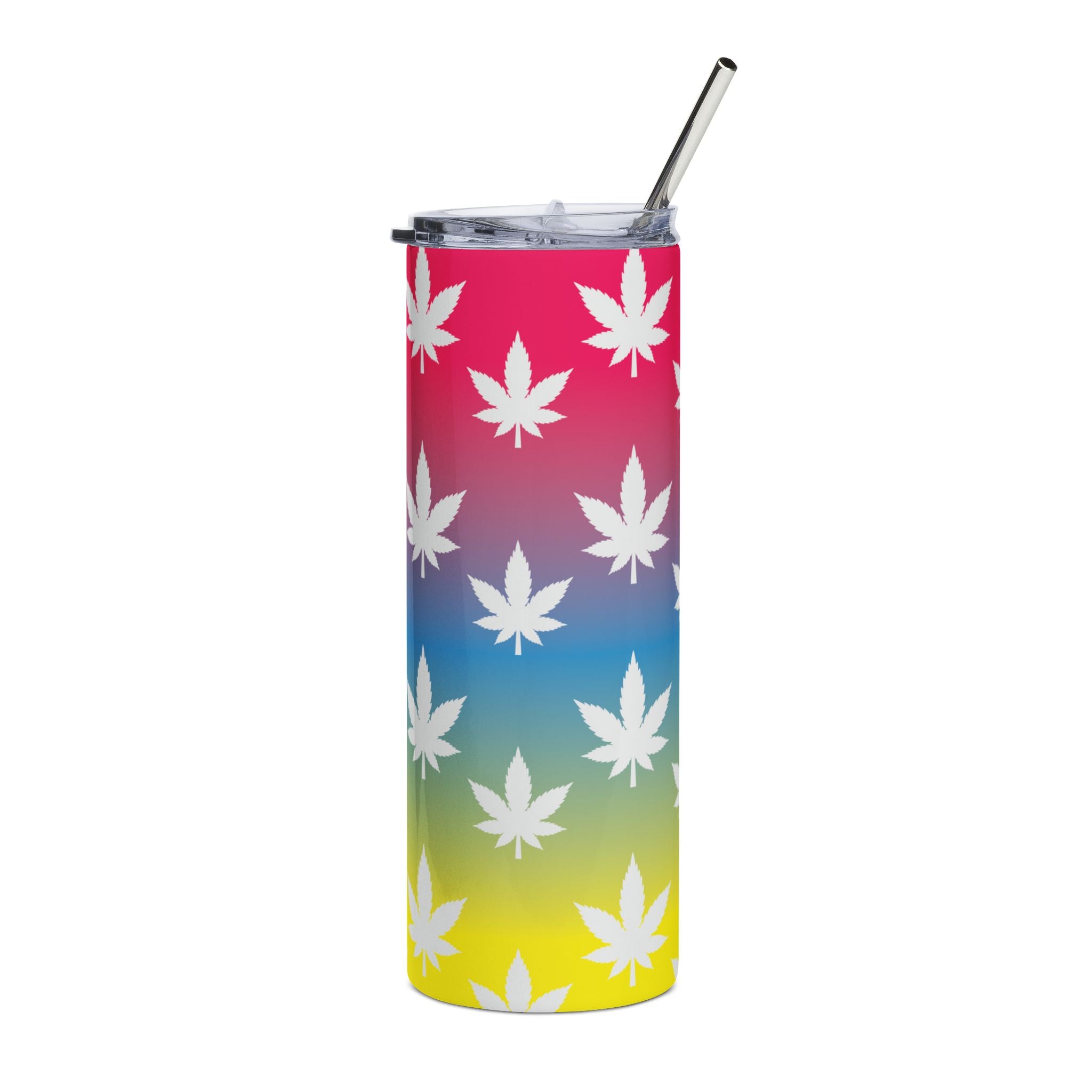 20oz Stainless Tumbler — Rainbow Gradient with White Cannabis Leaf Pattern