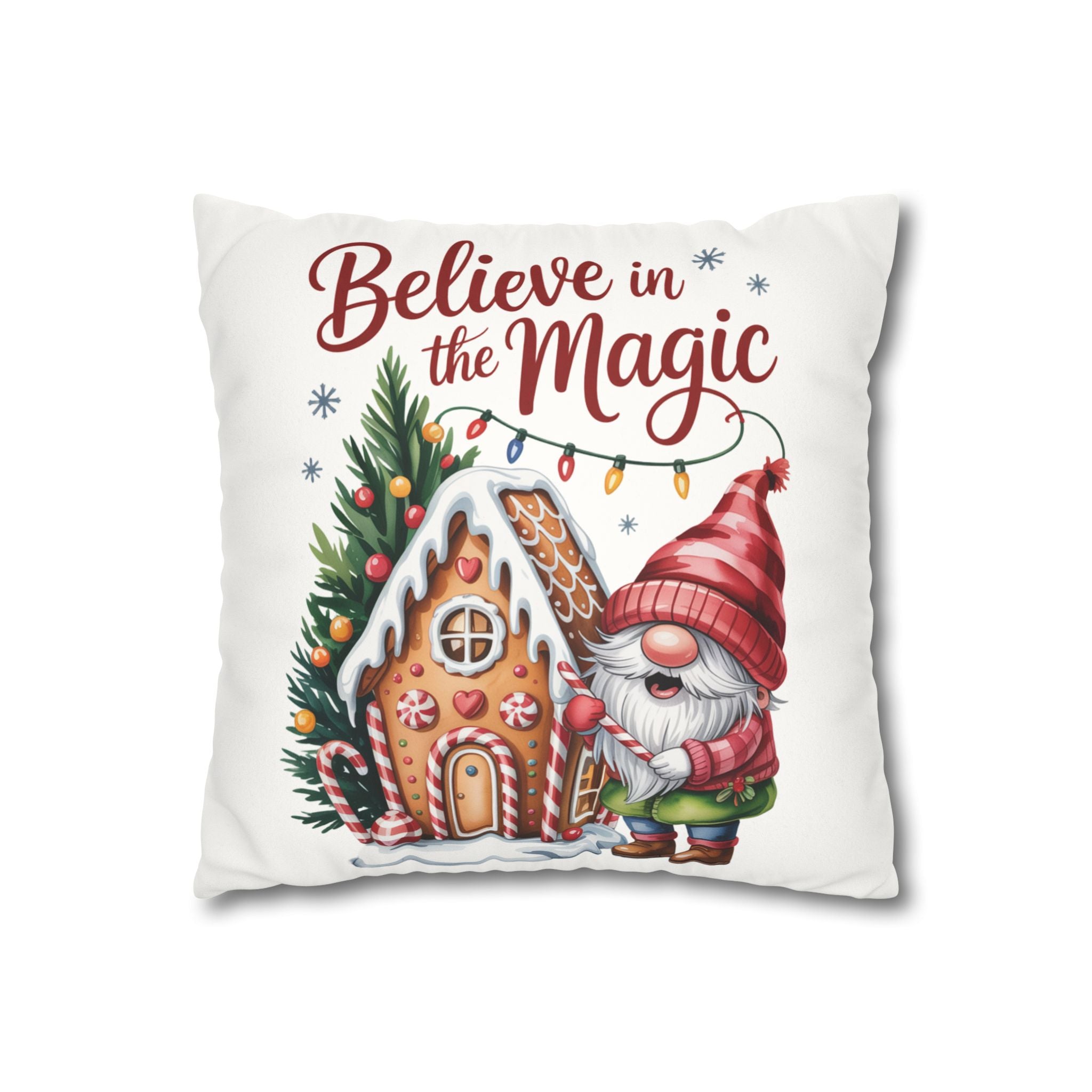 Believe In Magic Festive Throw Pillow, Holiday Decor, Christmas Cushion, Cozy Home Decor, Gift for Gnomes Lovers, Seasonal Pillow