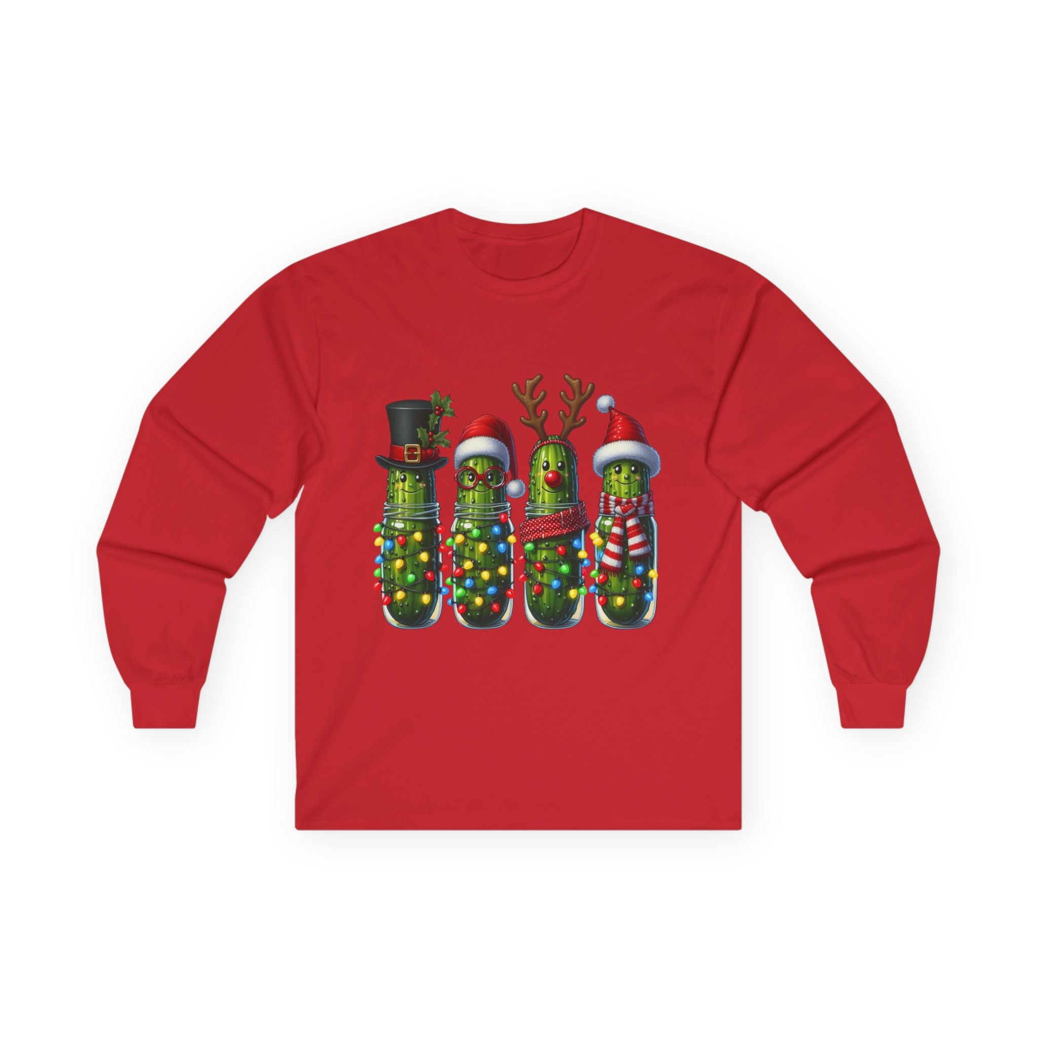 Festive Pickle Long Sleeve Tee - Funny Holiday Shirt, Christmas Gift, Unisex Cotton Tee, Holiday Party Wear, Quirky Winter Fashion