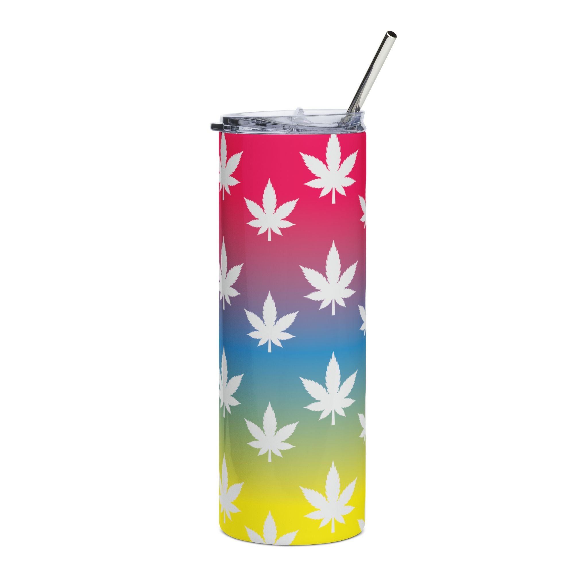 20oz Stainless Tumbler — Rainbow Gradient with White Cannabis Leaf Pattern