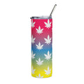 20oz Stainless Tumbler — Rainbow Gradient with White Cannabis Leaf Pattern