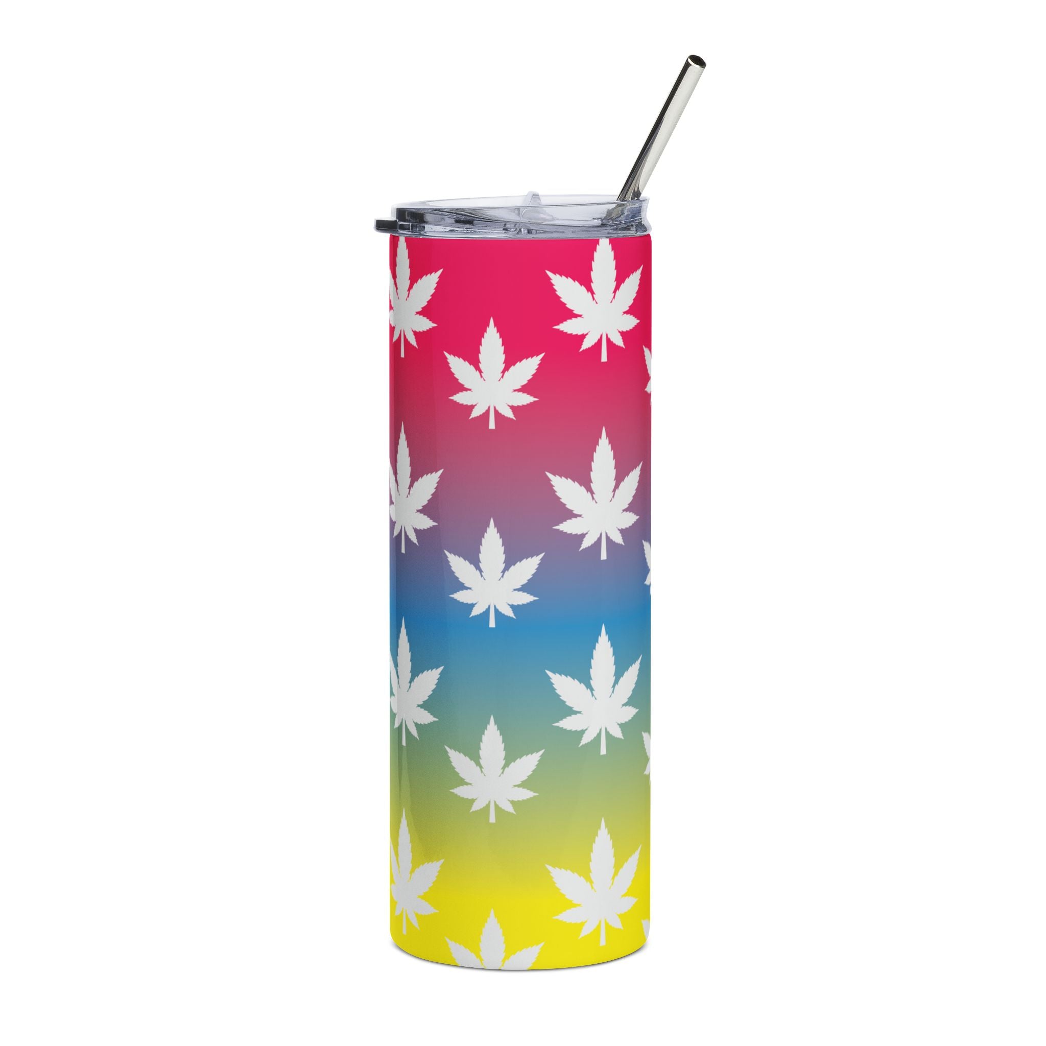 20oz Stainless Tumbler — Rainbow Gradient with White Cannabis Leaf Pattern